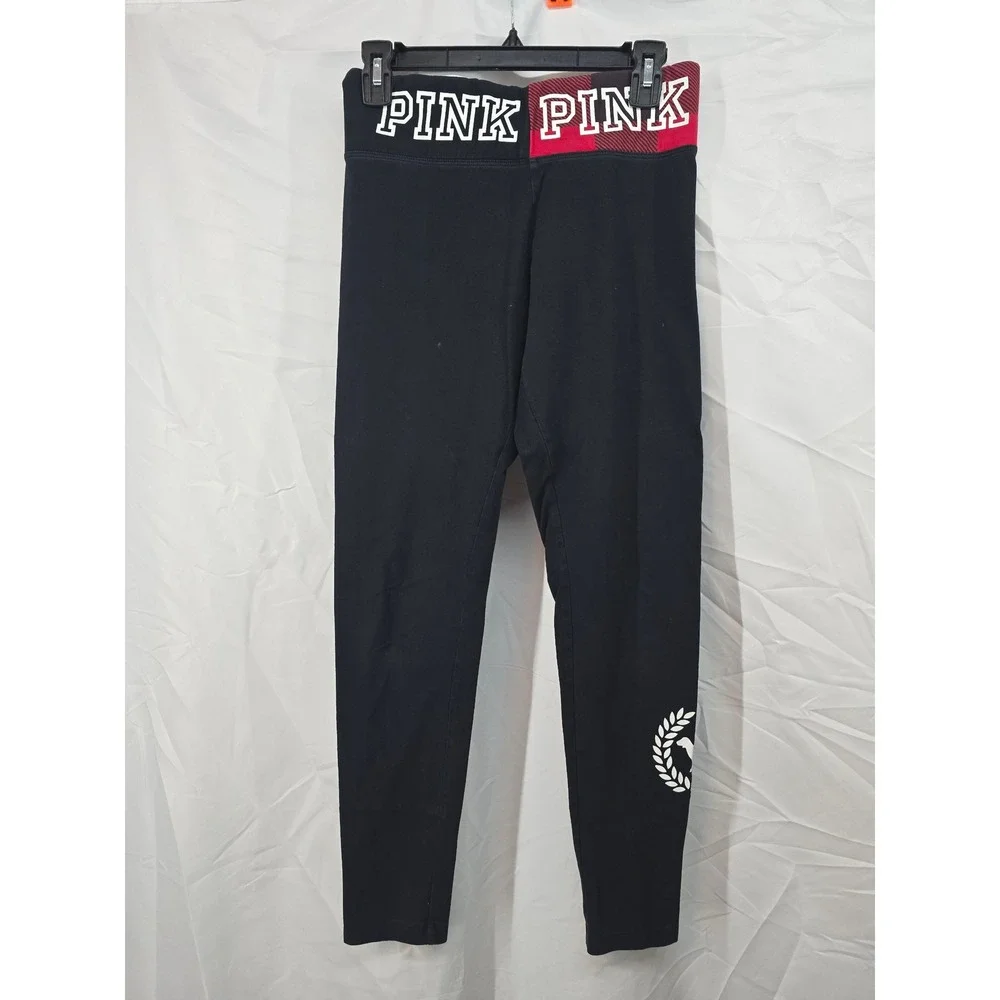 PINK Victoria's Secret Yoga Leggings Black‎ Plaid Logo Waistband Women's M